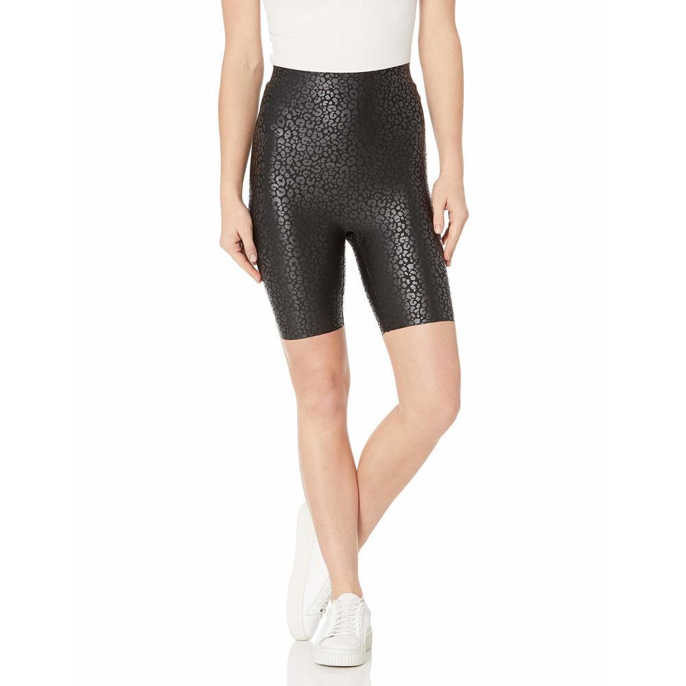 HUE Women's Faux Leather High Waist Bike Shorts, Black Leopard, L